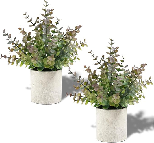 2 Pack Small Fake Plants Christmas Greenery Eucalyptus Potted Artificial Plants for Shelf Desk Home Bathroom Farmhouse Room Coffee Table Decor Christmas Decor(Purple)