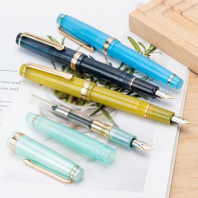 Jinhao 82 Acrylic Fountain Pen, Iridium Bent Nib with Ink Converter, Transparent Dark Blue Classic Design Calligraphy Pen (Gold Trim)