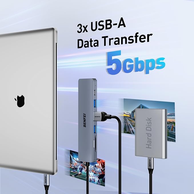 BENFEI USB C HUB 7-in-1 with HDMI(4K@60Hz,Certified), 100W Power Delivery, 3*USB 3.0, SD/TF Card Reader(160MB/s) Compatible with iPhone 15 Pro/Max, MacBook, iPad Pro, iMac, S23, XPS17