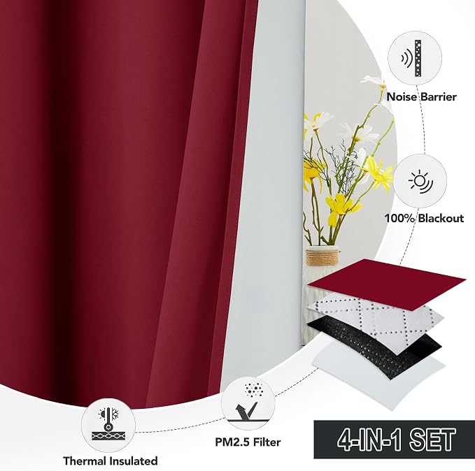 RYB HOME 4-in-1 Dust Filtering Soundproof Blackout Insulating Privacy Window Curtains for Nursery Bedroom Living Room Rivider Sound Absorption Sheet, Burgyndy Red, W52 x L84 inch, 2 Panels