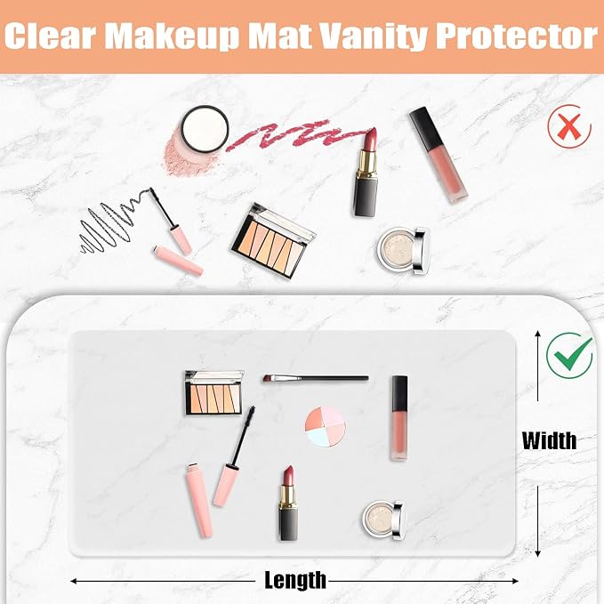 Makeup Mat for Vanity Top 8in x 21in, PVC Desk Mat - Easy to Clean, Waterproof & Oilproof Vanity Accessories - Clear 1mm