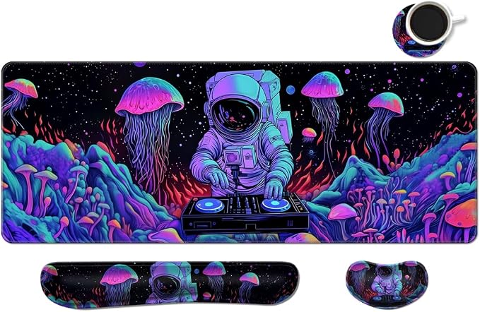 Desk Mat, Large Gaming Mouse Pad with Wrist Rest, 4 in1 XXL Mouse pad+Keyboard Wrist Rest+Mouse Pad Wrist Support+Cup Coaster Set, Ergonomic Desk Pad for Home Office,Spaceman