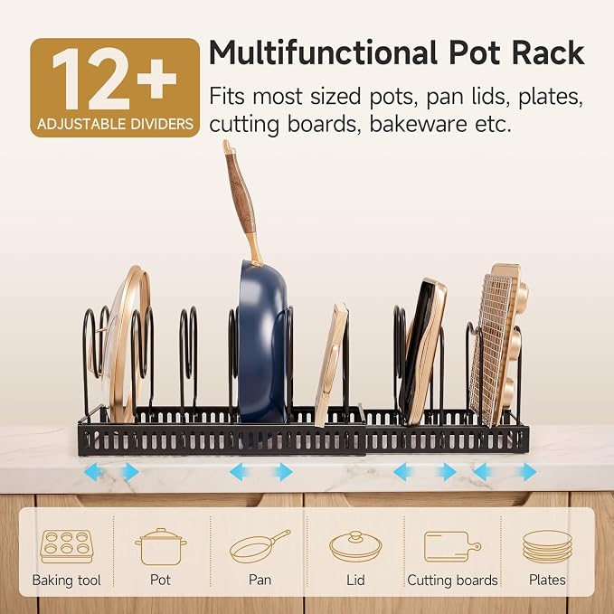 MUDEELA Pot Lid Organizer for Cabinet, Expandable Baking Pan Rack 12 Slots | 11.8–22.9" Expandable, 12 Adjustable Divider, Tool-Free Assembly, Non-Slip, Scratch-Proof, For Pan Lid Cutting Board Bakeware