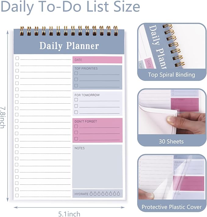 Newkita 30 Sheets Undated Daily Planner Memo Pad, 5.1x7.8 Inch To Do List Notebook, Multiple Functional Checklist Notepads for Office, School and Home (Blue)