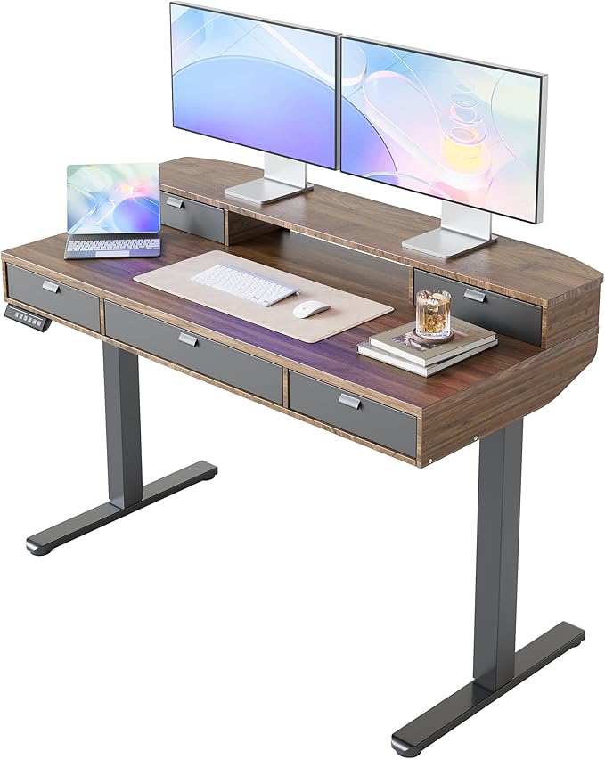 HUANUO 48 x 24 Inch Electric Standing Desk with 4 Drawers, Walnut | 4 Drawers For Organized Storage, Raised Monitor Shelf, C-Clamp Mount Support, 4 Memory Presets, 28.3–46.5 Inch Height Range