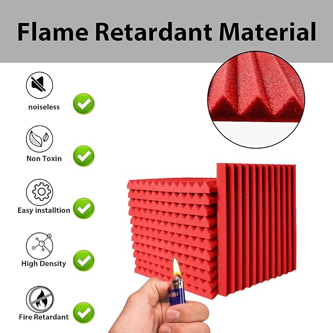 56 Pack Acoustic Foam Panels |1 "x12 "x12" Rapid Recovery Acoustic Wall Panels |High Density Sound Reducing Panels for Home Studio |With Adhesive Stickers 280PCS (28 Black+28 Red)