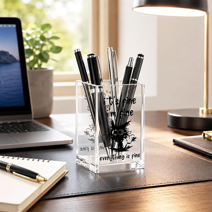 Funny Acrylic Pen Holder Cup, “It’s Fine I’m Fine Everything Is Fine” Desk Decor, Cute Pencil Holder Organizer,Office Desk Accessories