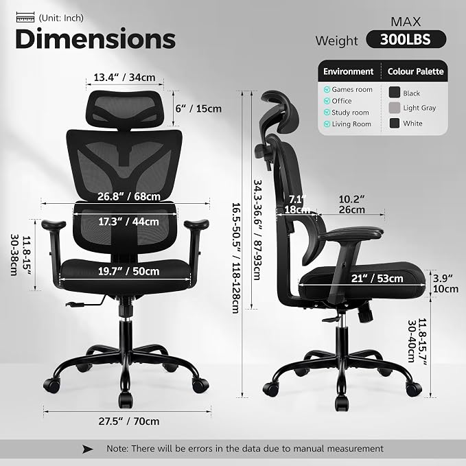 Ergonomic High Back Mesh Office Chair, Lumbar Support (Black) | Smooth 90° to 135° recline for work, read, or rest. Swivel big and tall gaming Chair. Adjustable armrest headrest height.