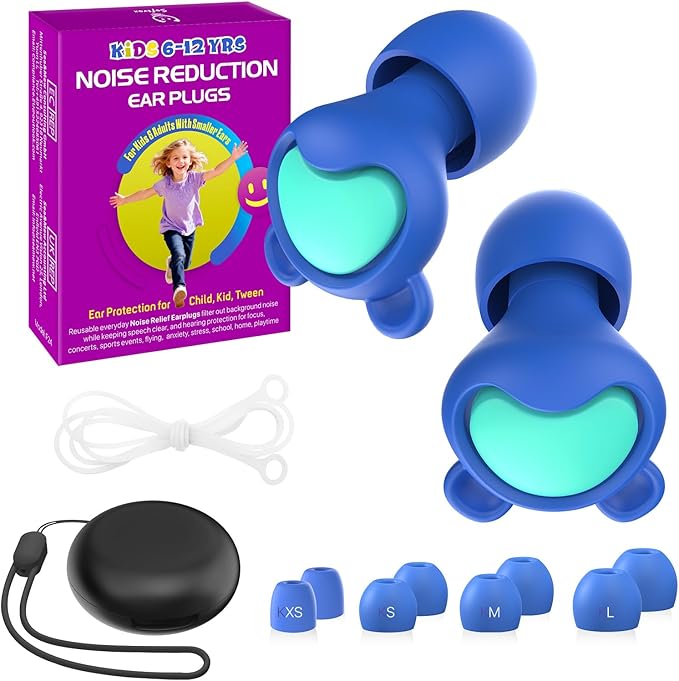 Kids Ear Plugs (6-12 yrs) - Reusable Noise Relief Earplugs for Focus, Travel, Concerts, Sports Events, Noise Sensitivity - 4 Sizes Ear Tips in XS-L, 1 Pair,NDBUGN-K