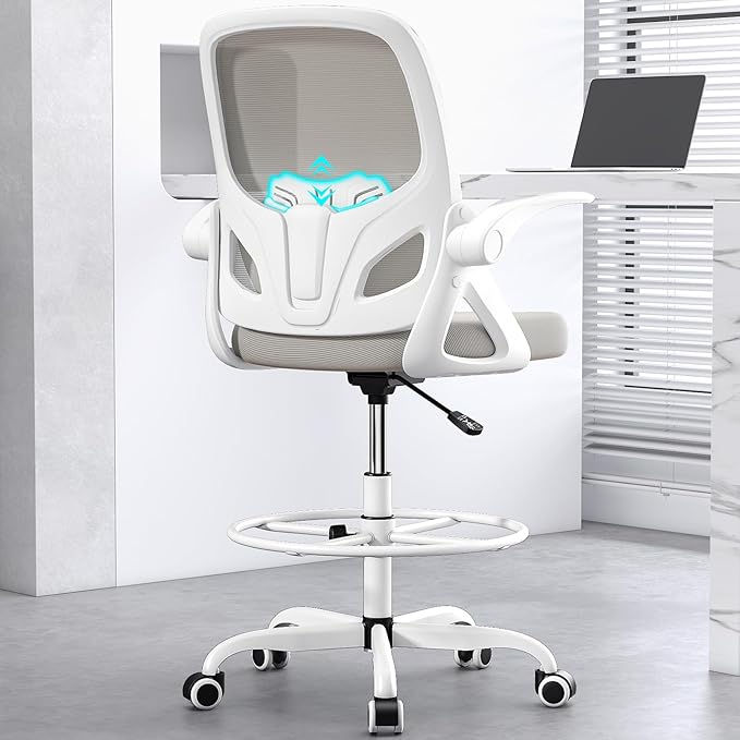 Kensaker Drafting Chair Tall Office Chair, Ergonomic Standing Desk Chair with Adjustable Foot Ring and Flip-up Armrests, Mesh Computer Chair for Art Studio, 300 LBS, Gray