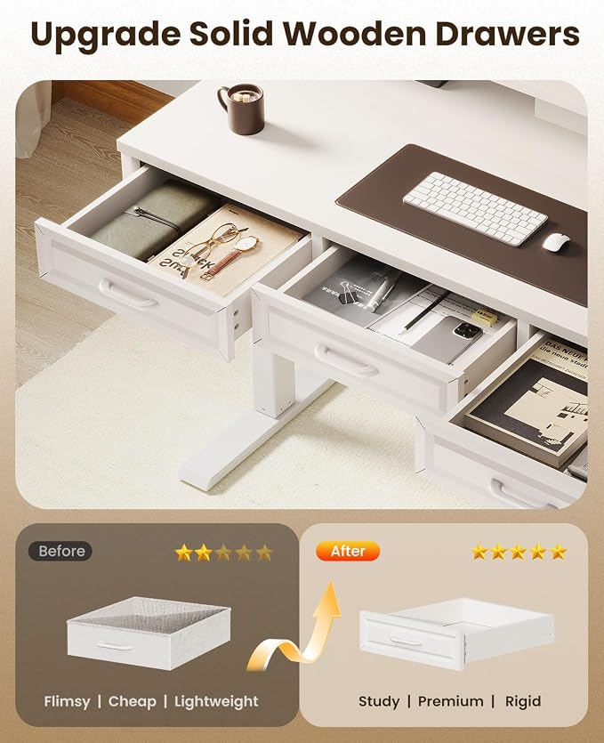 OffiGo 48 Inch Electric Standing Desk, White, 3 Wood Drawers, Monitor Stand | 3 Outlets & 2 USB Ports, 20 LED Modes, 3 Memory Heights, 29.9"-46.1" in Range, Cable Management Tray, 154 lb Capacity