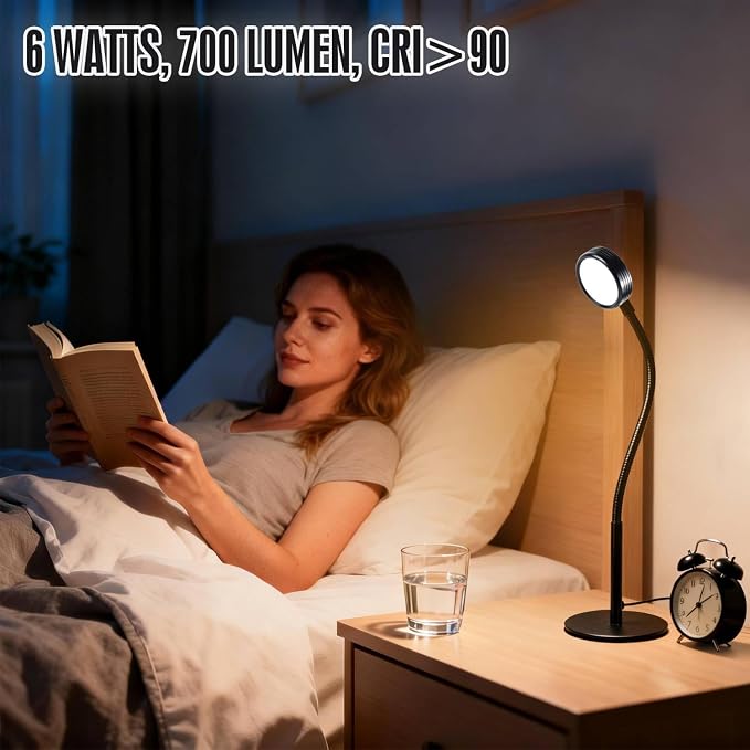6W LED Desk Lamp with Gooseneck and US Adapter, CRI 90 | Metal Dimmable Reading Light, 3 Colors and 10 Brightness Levels, for Office Study
