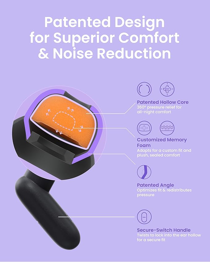 Dream Ear Plugs for Sleeping, 23dB Noise Reduction Silicone Ear Plugs with Patented Qufits Eartips and Carry Case, Reusable Earplugs for Sleep, Work, Deep Focus and Travel - Violet