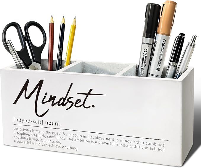 Mindset Definition Inspirational Pen Pencil Utensil Holder | Motivational Gifts for Women Men, Wood Desk Organizer and Accessories for Office Tabletop