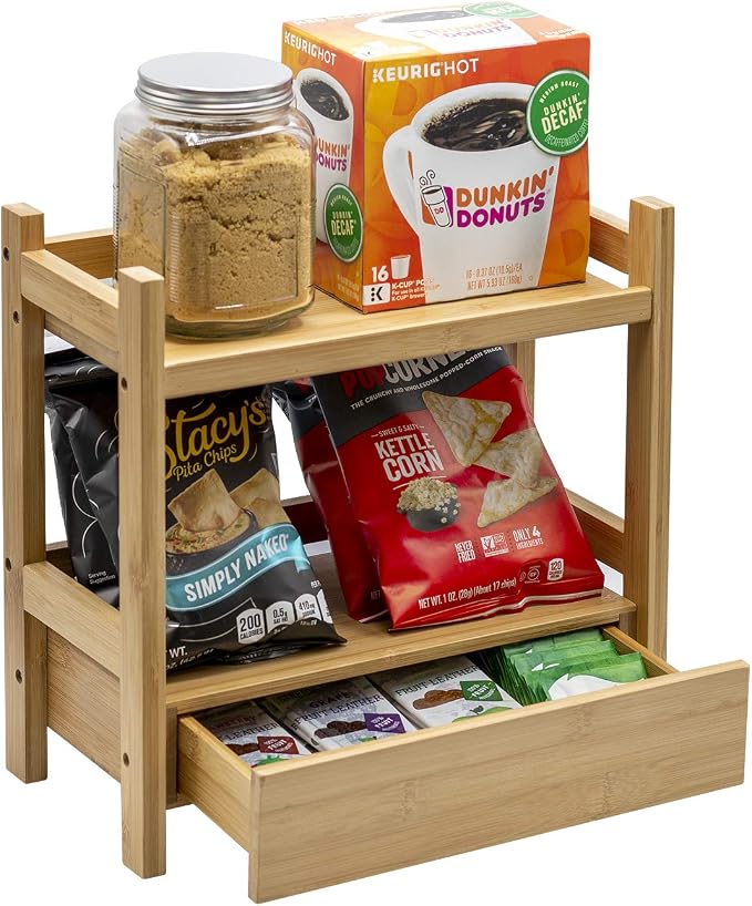 Sorbus 2-Tier Bamboo Countertop Shelf with Hidden Drawer for Vanity, Matcha Shelf, Bathroom Storage Cabinet, Under Sink Organizer, Bathroom Storage, Matcha Station Shelf (13″ L x 6.5″ W x 12.6″ H)