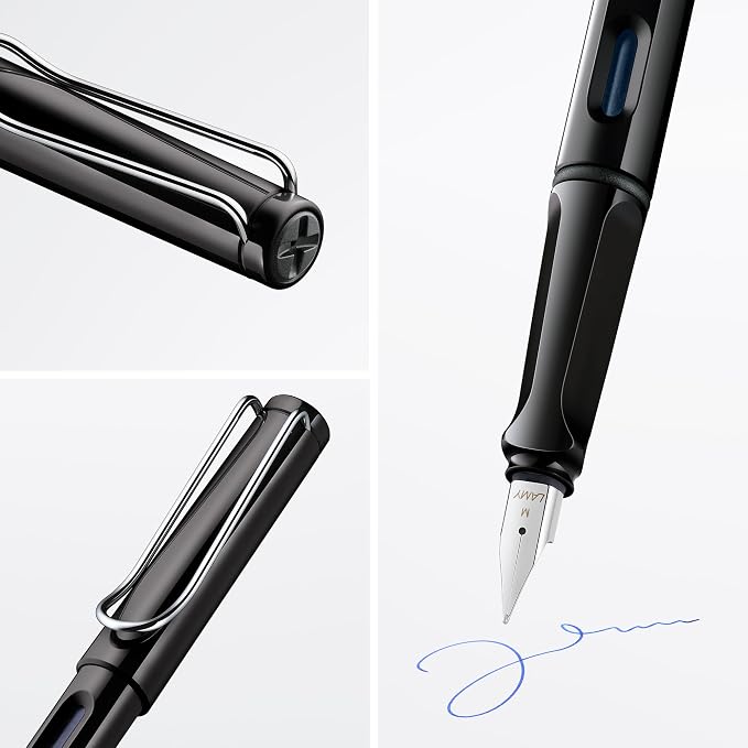LAMY safari black - Fountain Pen with ergonomic grip & polished Left-Handed steel nib (LH) in size M - ideal for any Writing & Calligraphy - including LAMY T 10 blue cartridge