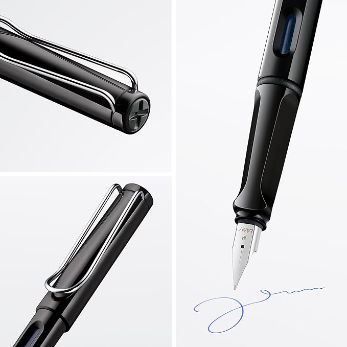 LAMY safari black - Fountain Pen with ergonomic grip & polished steel nib in size M - ideal for any Writing & Calligraphy - including LAMY T 10 blue cartridge - Right-Handed