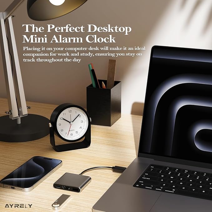 AYRELY® 3.5" Small Analog Travel Alarm Clock, Battery Operated Desk Clock | Cute Table Clock with Light, Adjustable Angle, Bedside, Bedrooms, Kids' Rooms and Living Room Decor (Black)