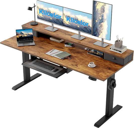 Klicelor 63 x 24 Inch Electric Standing Desk with Drawers and Keyboardtray, Adjustable Height Small Sit Stand Desk for Home Office, Compact Computer Workstation with Storage- Rustic Brown