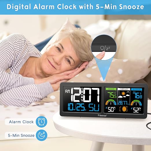 Geevon Weather Stations Wireless Indoor Outdoor Thermometer with Atomic Clock, HD Color Display Digital Temperature Humidity Monitor with Barometer, Comfort Indicator, and Adjustable Backlight