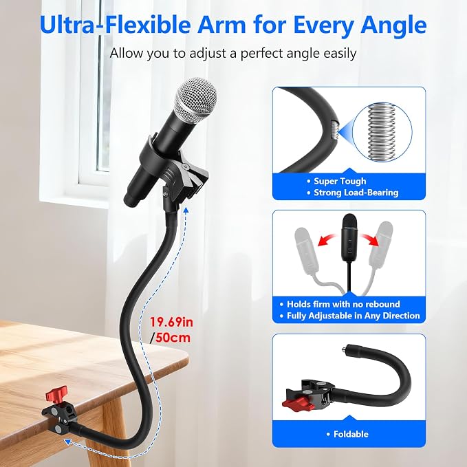 Gooseneck Microphone Stand, 19.69" Adjustable Mic Clip with 3/8" to 5/8" Adapter, Heavy Duty Metal Super Crab Desk & Pole Clamp Mic Holder Compatible with Shure/Fifine/AT2020/Pyle/Blue Snowball/Razer