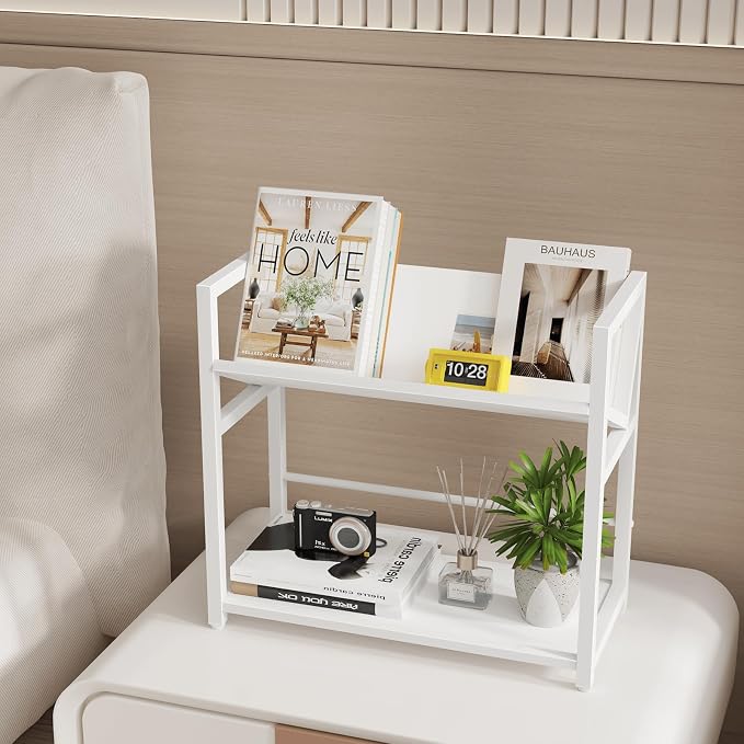 ELITEROO Desktop Bookshelf Organizer, 2 Tier Wood Desk Shelf for Tabletop Storage, Small Book Rack for Office, Home, or Study, Mini Bookcase for Book Display, Decor, and Supplies, White