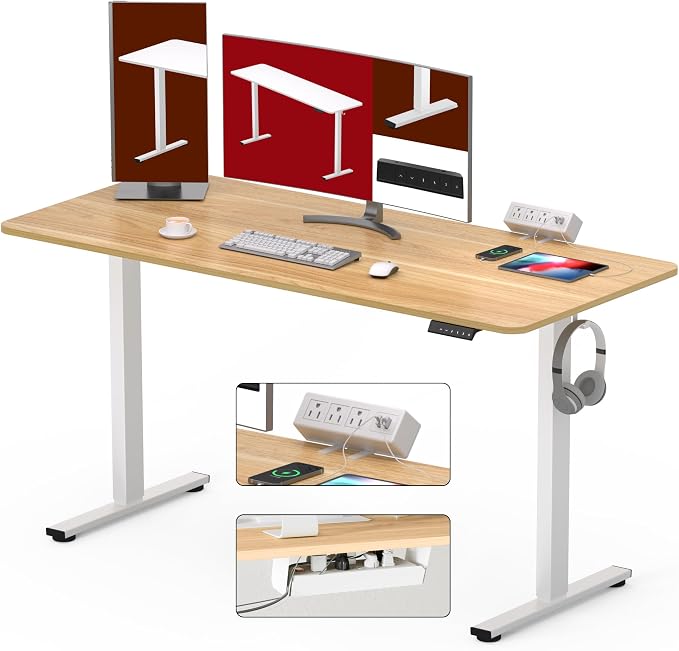 SANODESK Electric Standing Desk with Desk Clamp Power Strip 60"x 24" Whole-Piece Desktop Height Adjustable Stand Up Desk with Cable Management Sit Stand Home Office Desk White Frame/Maple Top