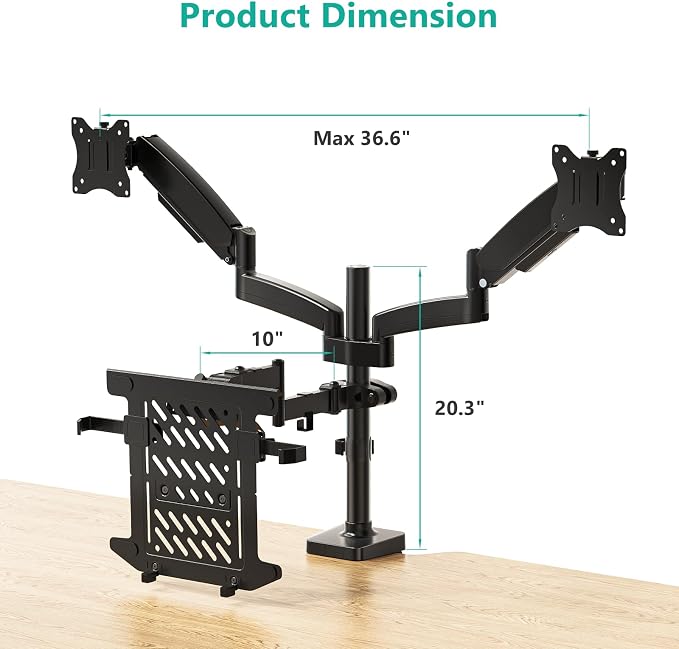 WALI Triple Arm Laptop and Dual Monitor Desk Mount for 17" Notebook and Up to 32" Screens, Adjustable Monitor Arms with Tilt Swivel Rotation, VESA 75x75 100x100, Black (GSDM003LP)