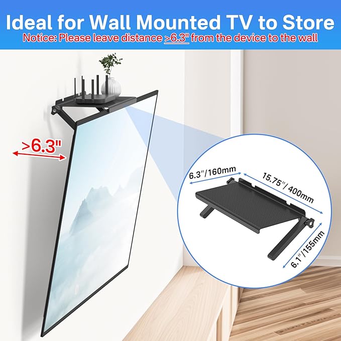 13-Inch Wide Platform Adjustable TV Top Shelf, Screen Top Shelf Mount, Monitor Top of TV Shelfs Mounting Bracket for Streaming Devices, Cable Box, Router and Home Decor TVs Top Storage Bracket