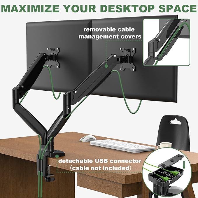 Dual Monitor Mount, Dual Monitor Desk Mount for Two Ultrawide 22"-34" Flat/Curved Computer Screens, Fully Adjustable Gas Spring Double Monitor Stand Arms Hold 26.5lbs, VESA 75x75/100x100mm