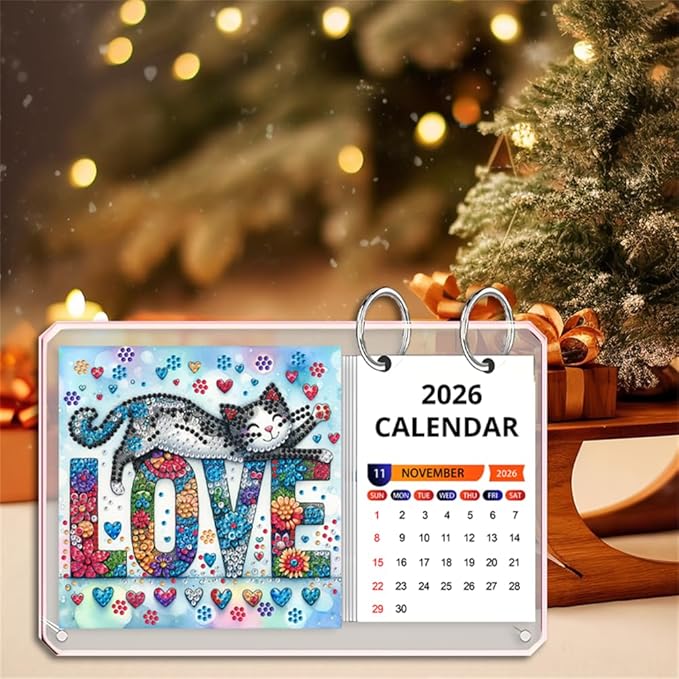 2026 Standing Desk Calendar DIY Diamond Art Painting Monthly Flip Desktop Calendar Mosaic Kits Acrylic Tabletop Calendars Diamond Art Craft Supplies Planner for Office Home Decor-Love