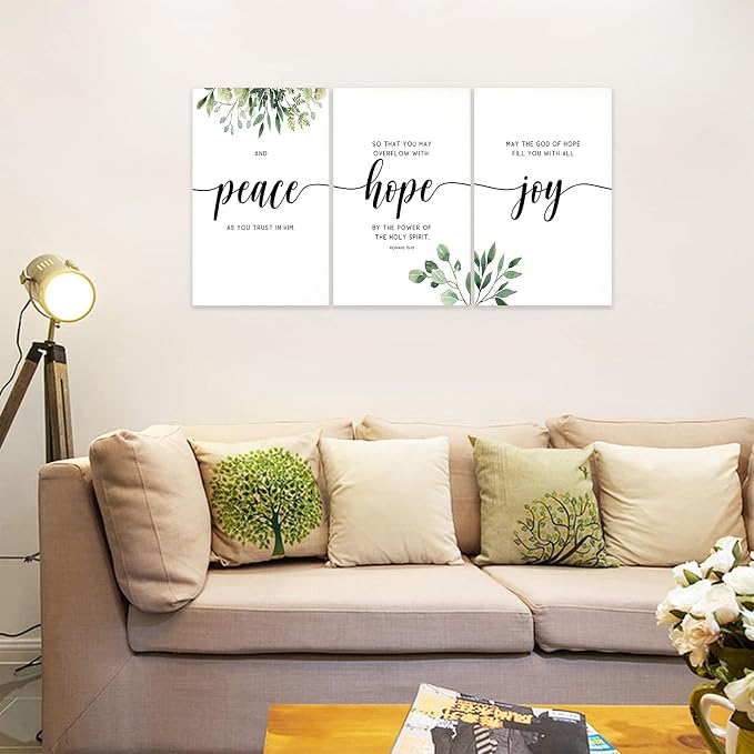 3 Piece Inspirational Wall Art, White Plants Background Picture, Quotes "Peace Hope Joy" Canvas Print for Home Decor, Triptych Motivational Poster Framed Artwork for Classroom Wall Decor (48"Wx24" H)