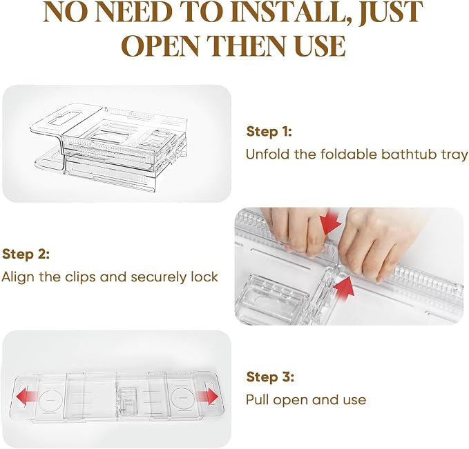 Expandable Clear Acrylic Bathtub Tray Caddy, Foldable Tub Bath Tray with Drain Slots, Slip-Resistant Waterproof Bathroom Shelf Caddy & Home Spa Gift for Women