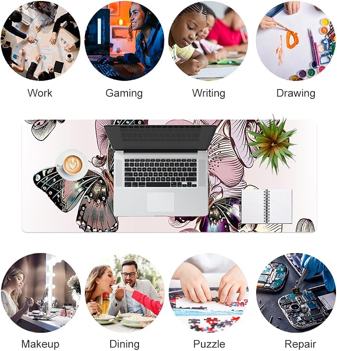 QiyI Large Mouse Pad, PU Leather Desk Blotter Protector, Waterproof Computer Desk Mat, Butterflies Keyboard Mouse Pads, Non Slip Base Home & Office Accessories, Extended Large Size 31.5" x 11.8"
