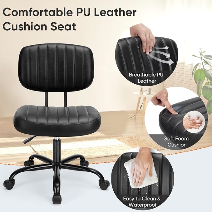 DUMOS Small Office Desk Chair, Armless Vanity Chair with Lumbar Support | PU Leather, 360° Rolling Task, Height Adjustable, Home Bedroom, Adult, Student, Black