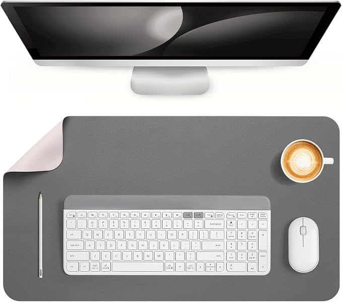 Dual Sided Desk Pad Faux Leather Desk Mat Large Mouse Pad | Desk Pad Protector Non-Slip Waterproof Desk Mouse Pad for Writing Desk, Office, Home(White Gray 23.6"X13")