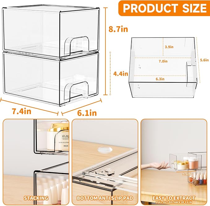 2 Pack Clear Stackable Storage Drawers,4.4'' Tall Acrylic Drawer Containers for Organizing,Bathroom Organizers and Storage Bin Box,Plastic Makeup,Medicine Organizer Bins for Cabinet,Undersink