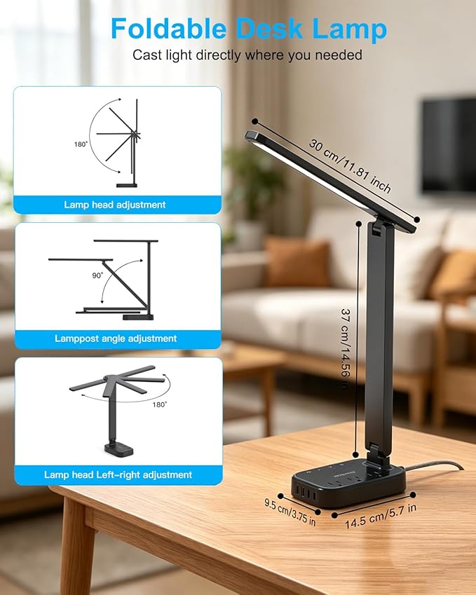 One Beat Small LED Desk Lamp Power Strip 10ft Extension Cord, 3 Outlets 4 USB Ports(2 USB C), 4 Modes, 5 Level Touch Lamp, Study Reading Light, Home Office Bedroom College Dorm Room Essentials, Black