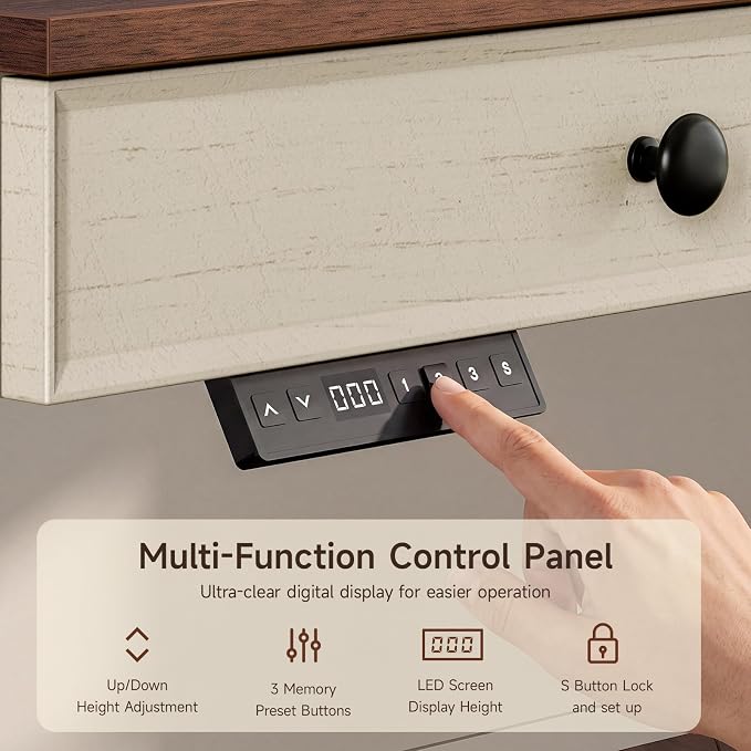 63 Inch Electric Standing Desk with 3 Drawers, Home Office Desk, Walnut | Computer Desks Retro Corner Table & Drawers, Height Adjustable Stand Up Desk with Storage & Outlets for Computer Workstation