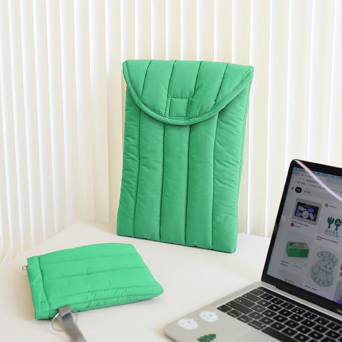 Puffy Laptop Sleeve Set 13-14 Inch Light Green, Protective Carrying Case with Data Cable Package, Cute Case Bag Compatible with 13 and 14 Inch Laptops, for MacBook Air M2 M1, Asus/Dell Xps/Lenovo