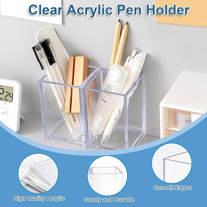 CEYAZYE 10 Pcs Clear Acrylic Pencil Holder, Square | Pen Pot, Transparent Makeup Brush Storage, Desktop Organiser, For Home Office School Supplies