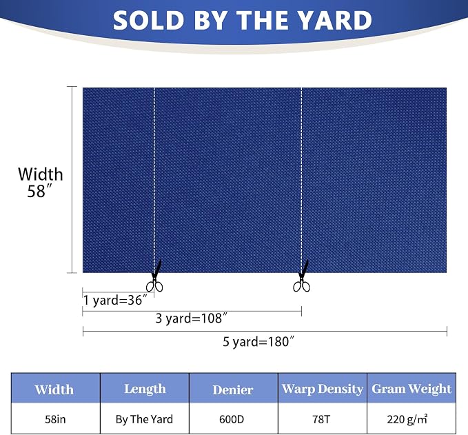 Waterproof Canvas Fabric by The Yard 58inch 600D Upholstery Material Polyester Fabric Outdoor Water Resistant Fabric for Sewing Chair Patio Cushion Purse Bag Interior, Pre Cut 1 Yard Royal Blue