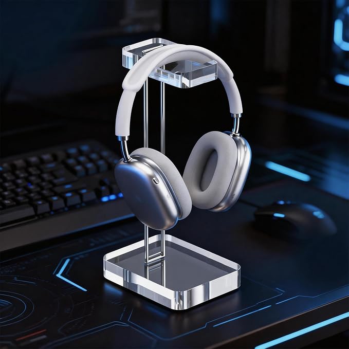 Headphone Stand Headset Holder for Desk, Solid Christal-Clear Acrylic with Silver Hardware Earphone Hanger for Gaming Room Office Accessories