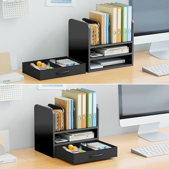 Desk File Organizer for Home, Office, School, Wooden Frame Desktop Storage Solution for Office Supplies, Documents, Papers, Folders and Stationery, Space-Saving and Stylish Document Sorter