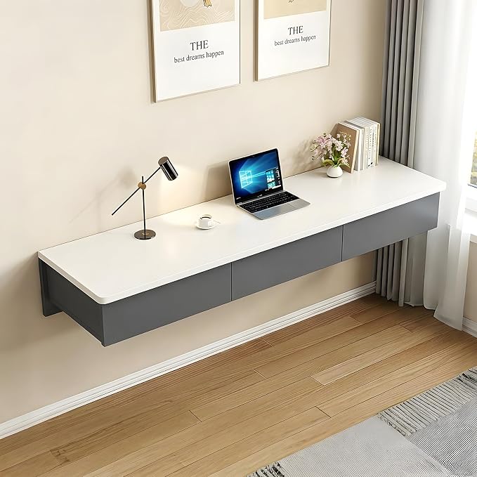Floating Desk with Drawers, Wood Wall Mounted Desk, Floating Makeup Vanity, Space Saving, Sturdy and Stable, Floating Table for Living Room, Bedroom, Home, Office, White