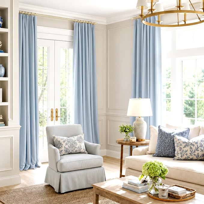 INOVADAY 100% Blackout Curtains for Bedroom, Black Out Curtains 102 Inch Long, Clip Rings Linen Blackout Drapes, Thermal Insulated Room Darkening for Living Room, 2 Panels - Chambray Blue,W50xL102