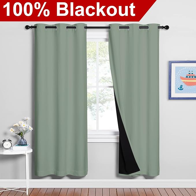 NICETOWN 100% Blackout Window Curtain Panels, Full Light Blocking Drapes with Black Liner for Nursery, 72-inch Drop Thermal Insulated Draperies (Greyish Green, 2 Pieces, 42-inch Wide Per Panel)