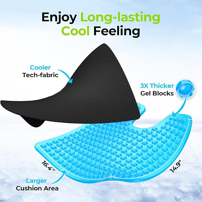 AUVON Gel Wheelchair Seat Cushion with Waterproof Cover, Anti-Sore & Ulcer | Ergonomic Chair Cushion with U-Cutout for Tailbone, Back Pain Relief, Memory Foam Cushion for Office, Anti-Slip, Buckle Strap