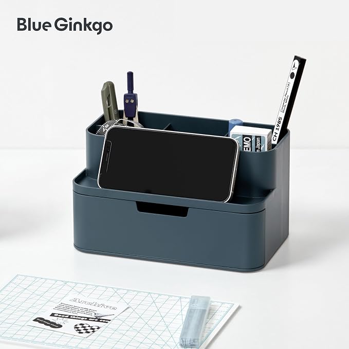 BLUE GINKGO Compact Desk Organizer, Blue, Made in Korea | 5 Compartments. Half Drawer. Space-Saving.