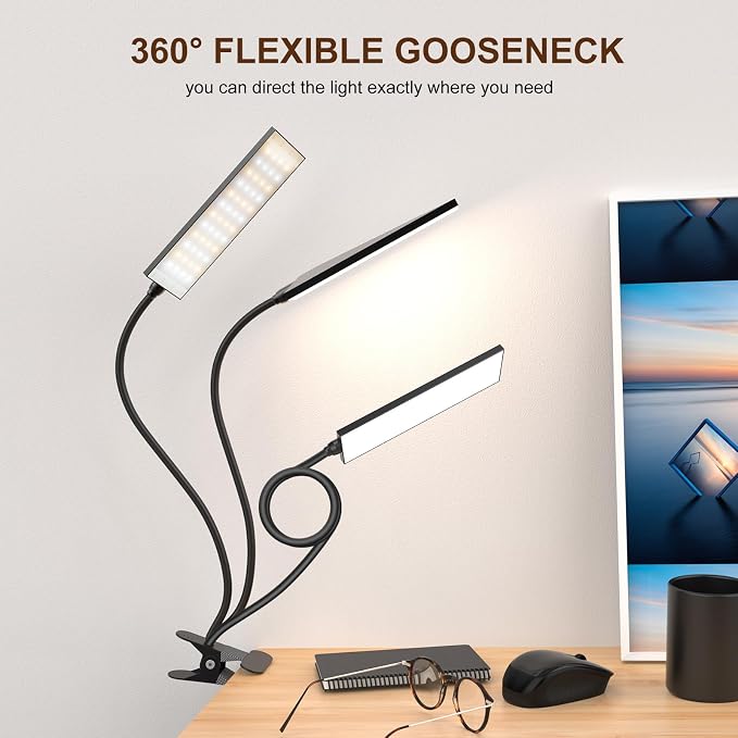 Clip on Desk Lamp, 5W LED Reading Light, 400 Lumens Book Light, 3 Color Modes 6 Brightness Levels, USB Powered Adjustable Neck Lamp for Desk, Bedside, Study, Office